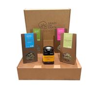 Hands on Earth Caja de Té Gourmet - Tisanas Biológicas (Equinácea, Primavera, Menta Piperita), Té Verde Orgánico 100g y Miel de Castaño Premium 300ml - Regalo Ideal