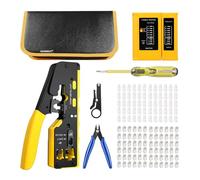 HANDSKIT Herramienta de Crimpado RJ45,Kit de Crimpadora RJ45,Kit de Herramienta de Red Alicates de Crimpar para Conectores RJ45 con Cat5/Cat6/Cat 7 8P,con 60xConectores Pasantes y 60xTapas Protectoras