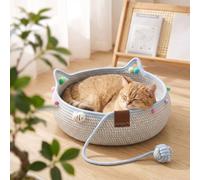 Handwoven Cat Basket Bed for Lounging, Scratchable Cat Toy Basket (Blue,S) | Breathable design, foldable hammock, scratchable weave, interactive rope ball, easy to clean, handwoven cotton
