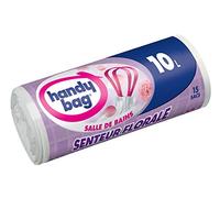Handy Bag 2 rollos de 15 bolsas de basura de 10 l, para cuarto de baño, asas correderas, aroma floral, resistente, antifugas, 45 x 45 cm, blanco