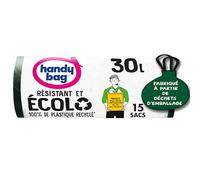 Handy Bag - Bolsas de basura con asas deslizantes ecológicas 30 x 15 bolsas - Resistente - Película de triple grosor - Impermeabilización máxima - 100% plástico reciclado procedente de la recogida de