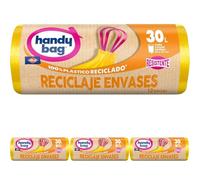 Handy Bag Bolsas de basura Reciclaje Envases - Bolsas para cubo de basura de cocina, resistentes y antigoteo, con cinta autocierre y triple capa, 100% plástico reciclado, 30L, 12 bolsas (Paquete de 4)