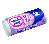 Handy Bag Rollo de 15 bolsas de basura 10 L, asas deslizantes, ultraresistente, antifugas, 45 x 45 cm, aroma floral de baño