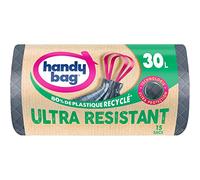 HANDY BAG Rollos de 15 bolsas de basura de 30 L, muy resistente, 80% de plástico reciclado, cierre con asas deslizantes, tecnología ultra protectora, triple grosor, antifugas, 55 x 63 cm