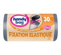 HANDY BAG Rollos de 15 bolsas de basura de 30 L, ultra resistente, 80% de plástico reciclado, cierre con asas deslizantes de fijación elástica, triple grosor, antifugas, 53 x 63 cm