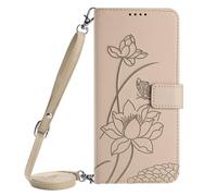 Handykette für Nokia C32 Hülle Lederhülle, Blumen Handyhülle Leder Tasche Case mit Kartenfach Kordel zum Umhängen Necklace Schutzhülle für Nokia C32, beige