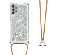 Handykette Handytasche für Samsung Galaxy S25 Edge Glitzer Treibsand Hülle Silikon Case Cover Umhängeband Handyhülle Trageschlaufe Kordel Lanyards Schutzhülle Schnur Bumper Hand Strap Anhänger Silber