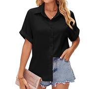 HANERDUN Camiseta Mujer Manga Corta Camisa de Satén con Botones Tops Mujer Verano de Color Sólido Blusa T-Shirt de Seda con Cuello en V