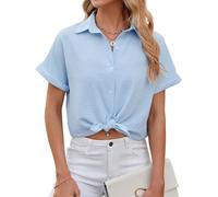 HANERDUN Camiseta Mujer Verano Manga Corta Camisa Botones Business Blusa Elegante Cuello en V Top Casual Hombros Caídos Básica Túnica