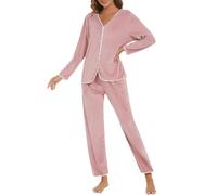 HANERDUN Pijama Mujer Invierno Polar Set Pijama Stitch 2Pcs Top Abotonado de Manga Larga con Cuello de Pico y Pantalón Holgado en Colores Lisos