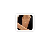 Hanfluenve Juego de collares y pulseras de oro grueso para mujer, chapado en oro, diamantes de imitación, colgante de corazón, candado, llave, joyería de moda, collar delicado, Talla única, Metal, No