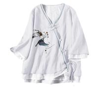 Hanfu - Blusa de algodón Ramie para mujer, manga 3/4, diseño holgado con detalle de botón de rana china, estilo tradicional chino para trajes temáticos culturales, 1C-blanco, 3XL