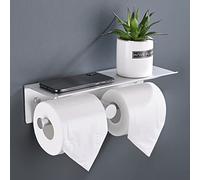 HANFU Portarrollos para Papel Higiénico, Portarollos Autoadhesivo con Espacioso Estante, Aluminio Doble Soporte Papel Higienico Sin Taladro, Porta Rollo Papel Higienico para Baño Inodoro 31cm, Plata