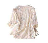 Hanfu Summer Hanfu - Loose casual cotton shirt, 3/4 sleeves, V-neck, traditional Chinese clothing with Chinese frog buttons, A14-XL