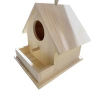 Hangable Bird House - Wood 17.5x18.2x17.2cm | Wooden Bird Feeder Box with Pole | Outdoor Animal Shelter and Decorative Feeder For Courtyard Porch Tree Balcony Garden Use
