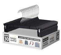 Hanger Central Paquete de 30 Perchas de plástico Delgadas y Resistentes para Pantalones, estriadas Antideslizantes con Clips de pellizco, Gancho Giratorio Cromado Giratorio de 360 Grados, en Negro,