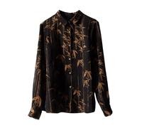 HangErFeng Blusa de seda con estampado de hojas jacquard con estampado de nubes fragantes para mujer, camisa con botones 501, Negro, M
