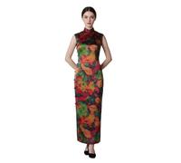 HangErFeng Vestido Cheongsam de seda Qipao sin mangas de satén pesado estampado vibrante Xiangyunsha moderno 3932, Vibrante estampado abstracto multicolor, Large
