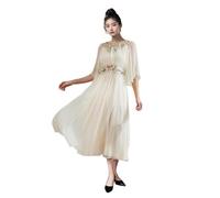 HangErFeng Vestido de seda bordado beige para mujer 2884, beige, L