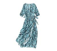 HangErFeng Vestido de seda para mujer, de dos piezas, cruzado, acampanado, cuello barco, estampado abstracto, vestido midi fluido 5075, Azure Abstract Splash, XL