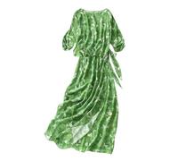 HangErFeng Vestido de seda para mujer, de dos piezas, cruzado, acampanado, cuello barco, estampado de mariposas, vestido midi fluido, color verde 5076, Illusion de mariposa esmeralda, Large
