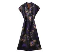 HangErFeng Vestido Hua Luo de seda para mujer, cuello en V, manga sin costuras, XiangYunSha Peony Jacquard, cinturón midi 5074, Twilight Rose Symphony, Large