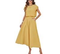 HangNiFang Conjunto de falda de verano para mujer, 2 piezas, manga casquillo, cintura elástica, ligero, maxivestido con bolsillos, Amarillo, M