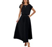 HangNiFang Conjunto de falda de verano para mujer, conjunto de 2 piezas con mangas casquillo, cintura elástica, maxivestido con bolsillos, Negro -, Large