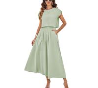HangNiFang Conjunto de falda de verano para mujer, conjunto de 2 piezas con mangas casquillo, cintura elástica, maxivestido con bolsillos, Verde claro, S