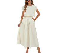 HangNiFang Conjunto de falda de verano para mujer, conjunto de 2 piezas con mangas casquillo, cintura elástica, maxivestido con bolsillos, Beige, S