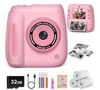 Hangrui Camara Fotos Infantil Instantanea, 2,4 Pulgadas Camara Fotos Infantil con Tarjeta de 32G, Cámara Instantánea para Niños con Papel de Impresión y Bolígrafos de Colores, Regalos Juguete-Rosa