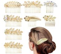 Hanjing Paquete de 8 peines laterales de hojas para mujeres y niñas, pinzas decorativas de metal para novia, peine de pelo dorado para accesorios para el cabello de boda