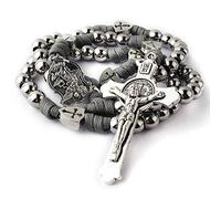 HanlinCC Collar de rosario grande y pesado de acero inoxidable resistente y duradero para hombre con pieza central de San Miguel y crucifijo de San Benito, 55 cm, Acero inoxidable, Acero inoxidable