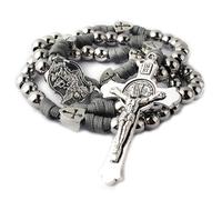 HanlinCC Collar de rosario grande y pesado de acero inoxidable resistente y duradero para hombre con pieza central de San Miguel y crucifijo de San Benito, 55 cm, Acero inoxidable, Acero inoxidable