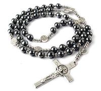 HanlinCC - Rosario de hematita negra de 8 mm con cuentas de acero inoxidable de 4 mm y perlas de San Benito de metal con medalla y cruz para hombre y mujer, Hematita, Cruz