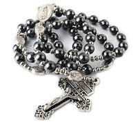 HanlinCC - Rosario de hematites de 8 mm con cuentas de acero inoxidable de 4 mm y cuentas de metal de San Benedicto con medalla y cruz para hombres y mujeres