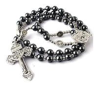 HanlinCC - Rosario de hematites de 8 mm con cuentas de acero inoxidable de 4 mm y cuentas de metal de San Benedicto con medalla y cruz para hombres y mujeres
