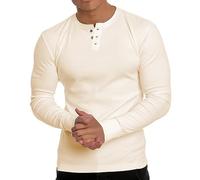 Hann Brooks Camiseta de manga larga para hombre, de algodón, con cuello de 3 botones, beige, M