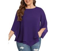 Hanna Nikole Blusa de gasa para mujer, tallas grandes, manga 3/4, camisa de doble capa, holgada, elegante, holgada, Deep Purple, 50 Grande