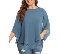 Hanna Nikole Blusas de gasa de talla grande para mujer con manga de 3/4 de doble capa, blusa fluida elegante de manga larga y suelta, Gris y azul., 20 Plus