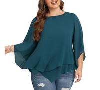 Hanna Nikole Camisas de mujer de talla grande de gasa, mangas de 3/4, camisa con doble capa, fluida, elegante, tops holgados, camisa larga, azul pavo real, 52