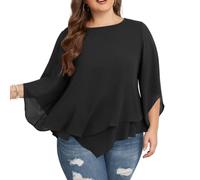 Hanna Nikole Camisas de mujer de talla grande de gasa, mangas de 3/4, camisa con doble capa, fluida, elegante, tops holgados, camisa larga, Negro , 52