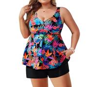 Hanna Nikole Conjunto de tankini de talla grande para mujer, traje de baño de 2 piezas con control de abdomen, traje de baño estampado acampanado, pantalones cortos con bolsillo, Hojas coloridas, 52