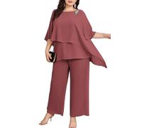 Hanna Nikole Conjunto de traje de noche de gasa para mujer, tallas grandes, para cóctel, fiesta, festivo, elegante, 2 piezas, camiseta y cintura alta, traje de pantalón de dos piezas, rosa oscuro, 54