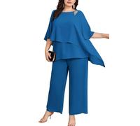 Hanna Nikole Conjunto de traje de noche de gasa para mujer, tallas grandes, para cóctel, fiesta, festivo, elegante, 2 piezas, camiseta y cintura alta, traje de pantalón de dos piezas, azul pavo real,