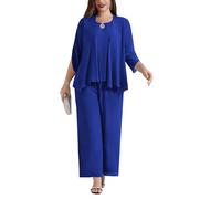 Hanna Nikole Conjunto de traje de noche elegante para mujer de tallas grandes, conjunto de muselina, 3 piezas, elegante, para fiesta y cóctel, incluye camisa y pantalón de alta cintura, azul oscuro