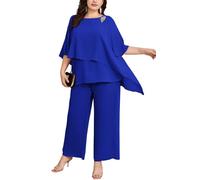 Hanna Nikole Conjunto elegante de noche para mujer, tallas grandes, set de 2 piezas, para cóctel, festivo, con blusa de gasa de dos piezas y pantalones de cintura alta, Azul real, 24 Plus