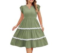 Hanna Nikole Mujer Talla Grande Cintura Alta Vestidos Casuales Cuello en V Una Línea Vestido Manga Volantes Vestido Midi Vestidos con Bolsillos, verde y gris, 52 Grande