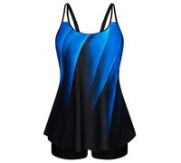 Hanna Nikole Tankini con control de abdomen para mujer, talla grande, traje de baño de dos piezas de cintura alta, traje de baño acampanado, Geometría azul, 54 Grande