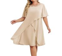 Hanna Nikole Vestidos de invitada de boda para mujer, de gran talla, de gasa, con lentejuelas, cuello redondo, elegante, vestido de cóctel, de fiesta, midi, para la madre de la novia, albaricoque, 52